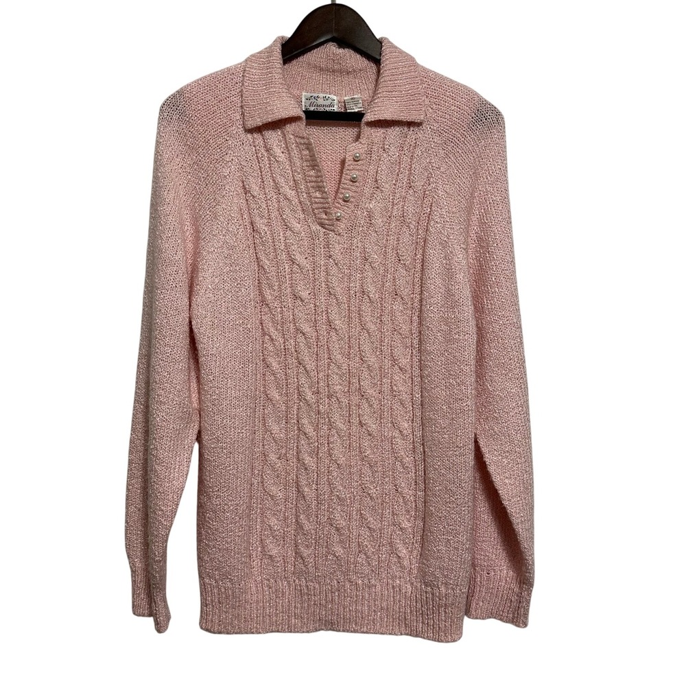 Miranda Sweater Womens XL Pink Cable Knit Polo Collar Faux Pearl Button Vintage